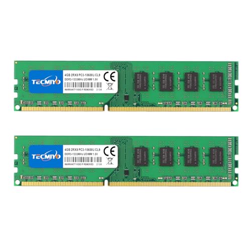 TECMIYO 8GB Kit (2x4GB) RAM PC3-10600 DDR3 1333MHz CL9 1.5V 240Pin Non-ECC Ungepuffertes UDIMM 2RX8 Dual Rank Desktop-Speichermodul von TECMIYO