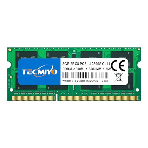 TECMIYO 8GB PC3L-12800S DDR3 1600MHz SODIMM Arbeitsspeicher RAM Laptop DDR3 8GB 1,5/1,35V CL11 2RX8 204Pin 2RX8 Dual Rank Non-ECC Ungepuffertes Laptop-RAM für Apple MacBook Pro iMac Mac Mini von TECMIYO