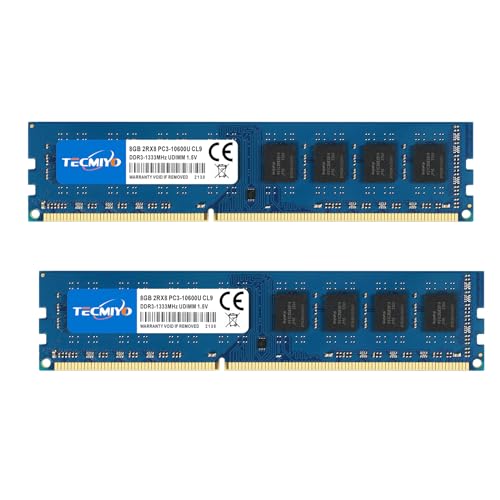 TECMIYO DDR3 16GB (2X8GB) RAM PC3-10600U DDR3 1333MHz Udimm PC3-10600 DDR3-1333 2RX8 Dual Rank 240 Pin 1,35/1,5V CL9 Nicht-ECM ungepuffertes Desktop-RAM-Speichermodul von TECMIYO