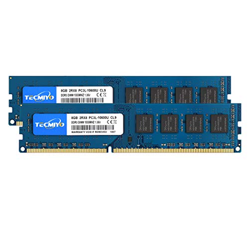 TECMIYO DDR3 16GB (2X8GB) RAM PC3L-10600U DDR3/DDR3L 1333MHz Udimm PC3-10600 DDR3-1333 2RX8 Dual Rank 240 Pin 1,35/1,5V CL9 Nicht-ECM ungepuffertes Desktop-RAM-Speichermodul von TECMIYO