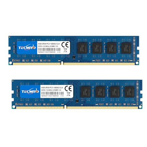 TECMIYO DDR3 8GB (2x4 GB) PC3 10600 UDIMM DDR3 1333MHz PC3-10600U CL9 1,5 V 240 Pin Nicht-ECC ungepuffertes 2RX8 Dual Rank Desktop Memory Ram-Modul von TECMIYO