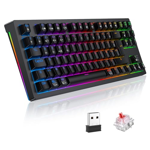 TECURS Clavier Gamer Mécanique sans Fil 80% TKL AZERTY, Clavier Gaming Bluetooth/2.4Ghz/USB-C Programmable Avec Interrupteur Rouge, Clavier Mecanique de Jeu RGB Pour PC/PS5/Win/Mac/Android/iOS, Noir von TECURS