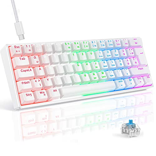 TECURS Gaming Tastatur, Mechanische Tastatur 60% TKL QWERTZ Blaue Schalter, Gamer Tastatur Kabelgebunden 61 Tasten für PC Windows/PS5/PS4, Weiß von TECURS