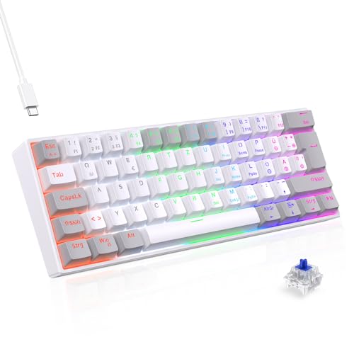 TECURS Gaming Tastatur 60 Prozent - Mechanische Tastatur QWERTZ Blaue Schalter, Anti Gosting LED Tastatur Kompakt, tragbar Kabelgebundene Tastatur für PC/PS5/PS4, Weiß & Grau von TECURS