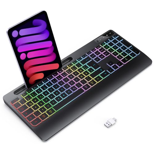 TECURS Gaming Tastatur Kabellos-Leise, Ergonomisch, 2 in 1 USB A/C, Multimedia-Tasten, Handy Halter, Kabellose Tastatur Beleuchtet Wireless für PC/Windows/Mac, QWERTZ Deutsche Layout(Schwarz) von TECURS