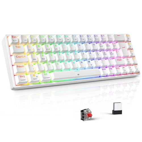 TECURS Gaming Tastatur Mechanische - Kabellos RGB Anti Gosting Beleuchtet Tastatur 65% TKL Bluetooth / 2.4G / Mit Kabel, 68 Tasten, QWERTZ Rote Switch für PC, iPhone, Android, Mac/Xbox, Weiß von TECURS