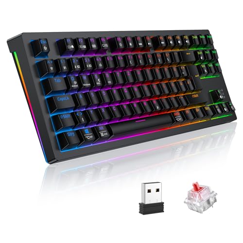 TECURS Gaming Tastatur - Mechanische Tastatur Kabellos Programmierbare 80% TKL QWERTZ mit Rote Schalter, RGB-Beleuchtung, Multimedia-Tasten, Mechanical Keyboard für PC/Mac/PS4/PS5, Schwarz von TECURS