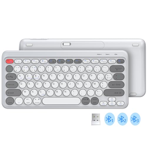 TECURS Kabellose Tastatur, wiederaufladbar, Bluetooth/2,4 G für Windows/iOS/Android, 60 % kompakte französische AZERTY-Tastatur, kompatibel mit Tablet/PC/Mac/Laptop Smartphone, Grau und Weiß von TECURS