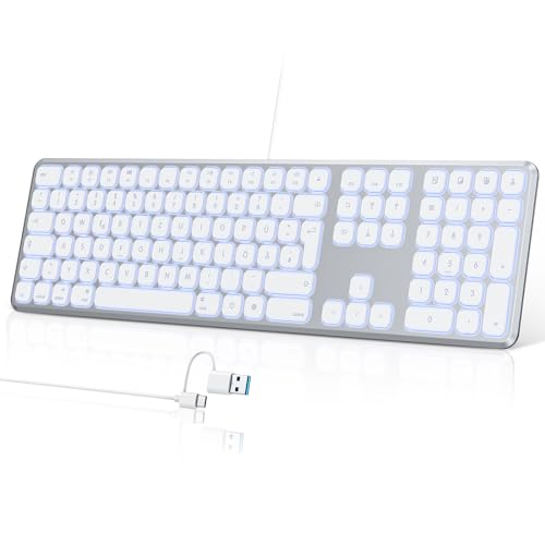 TECURS Mac Tastatur Kabelgebunden Leise PC Tastatur Beleuchtet, QWERTZ Deutsch MacBook Tastatur mit Multimedia, USBA/USB-C-Adapter, Kompatibel mit Mac OS/iOS, iMac/MacBook Pro/Air, Silber & Weiß von TECURS