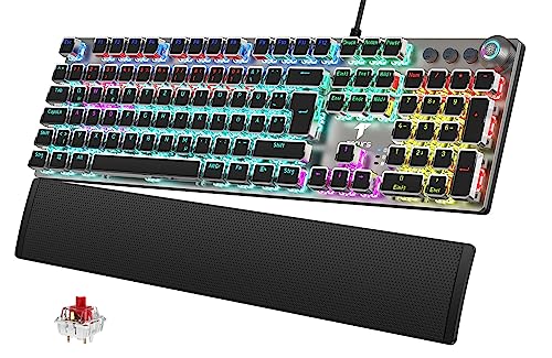 TECURS Mechanische Gaming Tastatur - QWERTZ Mechanical Keyboard mit Magnetische Handgelenkauflage, Multimedia-Tasten, 105 Tasten Kabelgebundene Rote Schalter Tastatur für PC/PS5/PS4, 19 LED Modi von TECURS