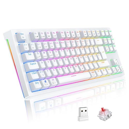 TECURS Mechanische Tastatur - Gaming Tastatur Kabellos Programmierbare 80% TKL QWERTZ mit Rote Schalter, RGB-Beleuchtung, Multimedia-Tasten, Mechanical Keyboard für iPhone/PC/Mac/PS4/PS5, Weiß von TECURS