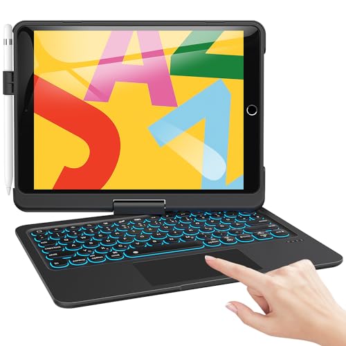 TECURS Tastatur Hülle für iPad 9. Generation 2021, 360° drehbar, 7 Farben mit Hintergrundbeleuchtung, Kabellose QWERTZ-Tastatur Schutzhülle mit Pencil Halter, Tastaturhülle für iPad 9/8/ 7.Gen 10.2 von TECURS
