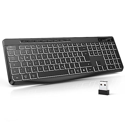 TECURS Tastatur Kabellos Gaming PC- Leise Tastatur QWERTZ Weiß Beleuchtet Ergonomisch Wasserdicht, 2.4Ghz Led Keyboard für Windows/Mac/PS4/Xbox mit Multimedia-Tasten Schwarz von TECURS