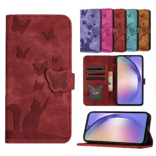 TEDTIKJT Cover Samsung Galaxy A23/ Galaxy M23 5G/ Galaxy M13 4G Case PU Leder Flip Wallet Card Slot Magnetic Protective Phone Case für Samsung Galaxy A23/M23 5G/M13 4G Case Butterfly Cat Pattern-Rot von TEDTIKJT