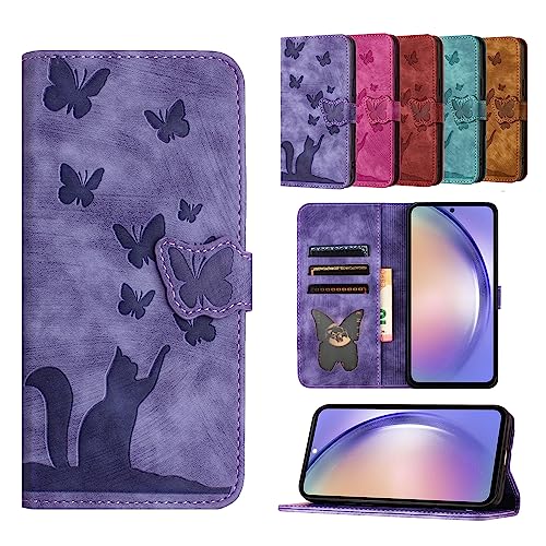 TEDTIKJT Cover Samsung Galaxy A54 5G Case PU Leder Flip Wallet Card Slot Magnetische Schutzhülle Standfunktion für Samsung Galaxy A54 5G Schmetterling Katze Muster - Lila von TEDTIKJT