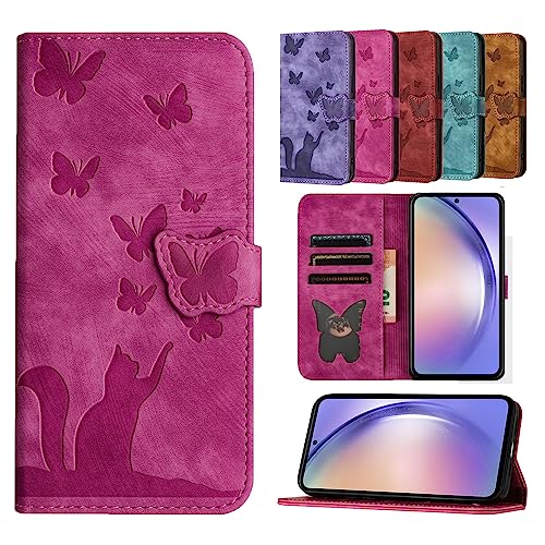 TEDTIKJT Cover für iPhone 15 Plus Hülle PU Leder Flip Wallet Card Slot Magnetic Protective Hülle, kompatibel mit iPhone 15 Plus, Schmetterling Katze Muster - Rose Rot von TEDTIKJT
