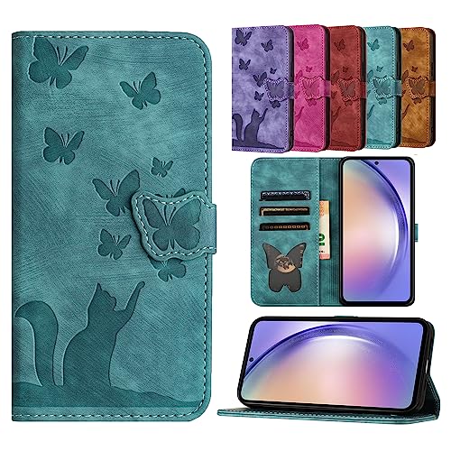 TEDTIKJT Cover für iPhone SE 2022/SE 2020/iPhone 8/iPhone 7/iPhone 6 Hülle PU Leder Flip Wallet Card Slot Magnetic Protective Hülle, Kompatibel mit iPhone SE, Schmetterling Katze Muster - Grün von TEDTIKJT
