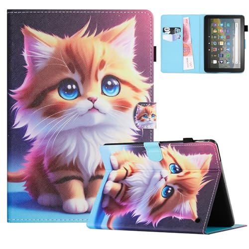 TEDTIKJT Hülle Kompatibel Amazon Fire HD 10 Plus/HD 10 2021 PU Leder Flip Cover Magnet Kartenschlitz Ständer Tablet Schutzhülle Case mit Auto Schlaf/Aufwach für Fire HD 10 11th Generation,Gelbe Katze von TEDTIKJT