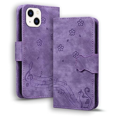 TEDTIKJT Hülle Kompatibel mit iPhone 13 Flip Case Premium PU Leder Klapphüllen mit Ständer Wallet Card Slots Magnet Cover Schutzhülle Kompatibel mit iPhone 13,Violett Katze von TEDTIKJT