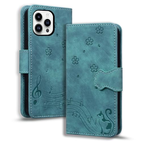 TEDTIKJT Hülle Kompatibel mit iPhone 15 Pro Flip Case Premium PU Leder Klapphüllen mit Ständer Wallet Card Slots Magnet Cover Schutzhülle Kompatibel mit iPhone 15 Pro,Grün Katze von TEDTIKJT