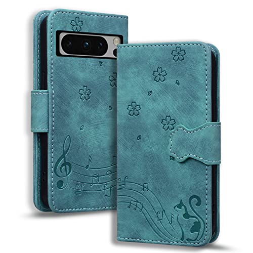 TEDTIKJT Hülle für Google Pixel 8 6.2" Hülle Klappbar PU Leder Flip Cover Google Pixel 8 Case mit Standfunktion Kartenfach Magnetic Wallet Case Süße Katze Kirschblüte Google Pixel 8 Hülle,Grün von TEDTIKJT