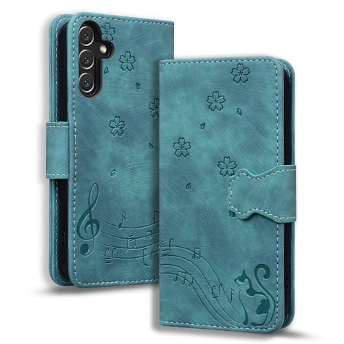 TEDTIKJT Hülle für Samsung Galaxy A15 Flip Wallet Case Schutzhülle Premium PU Leder Klapphüllen Galaxy A15 mit Ständer Card Slots Magnet Cover für Samsung Galaxy A15, Grün Katze von TEDTIKJT