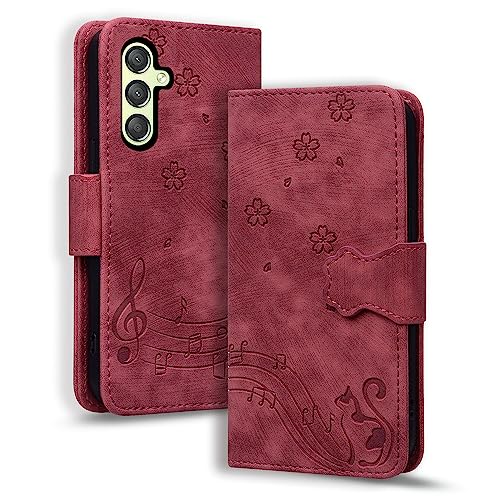 TEDTIKJT Hülle für Samsung Galaxy S21 FE 5G Klapphüllen PU Leder Flip Cover Case Galaxy S21 FE Lederhülle mit Standfunktion Kartenfach Magnetic Handytasche Wallet Case, Rot Katze von TEDTIKJT