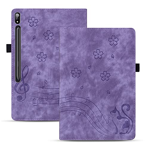TEDTIKJT Hülle für Tablet Samsung Galaxy Tab S8+/S7+/S7 FE 12,4"(SM-X800/T970/T730) Schutzhülle PU Leder Flip Cover Kirschblüte Musik Katze Tablet Schutzhülle mit Kartenfach Ständer Case,Violett von TEDTIKJT