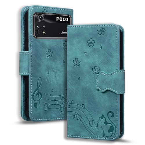 TEDTIKJT Hülle für Xiaomi Poco M4 Pro 5G/Redmi Note 11T 5G/Note 11S 5G Premium PU Leder Klapphüllen Xiaomi Poco M4 Pro 5G Flip Wallet Case Card Slots Magnet Cover Schutzhülle,Grün Katze von TEDTIKJT