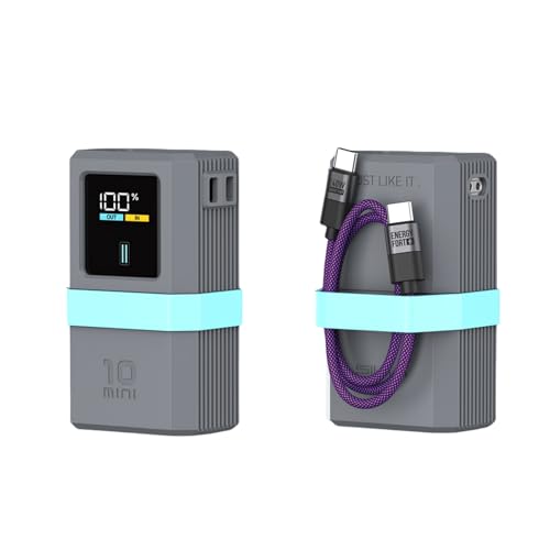 TEHAOUU Silikon-Schutzhülle für 10 Mini-Powerbank (Modell: PB1055) – rutschfeste stoßfeste Abdeckung mit Kabelaufbewahrungsgürtel, tragbarer Kapselhalter, 240 W Schnellladekabel (Grau) von TEHAOUU