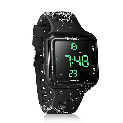 10 ATM Wasserdichte Uhr zum Schwimmen und Tauchen, mit Stoppuhr, Wecker und doppelte Zeitzonen-Anzeigefunktionen,12/24-Stunden-Layout Wählbar, Silikonband, blacks, Band von TEKMAGIC