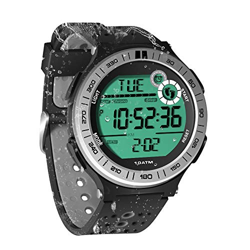 TEKMAGIC Digitale Sportuhr 100m 10 ATM Wasserdicht mit Funktionen wie Schrittzähler, Fitness Tracker, Runden Stoppuhr, Wecker, 12/24 Stunden Format Umschaltbar von TEKMAGIC