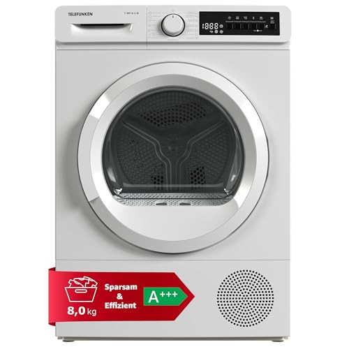 Telefunken T-WP-8-2-W Trockner, 8 kg Wärmepumpentrockner mit 15 Programmen, A+++, 176 kWh/Jahr, Knitterschutz & Restlaufanzeige, Weiß Telefunken T-WP-8-2-W Trockner, 8 kg Wärmepumpentrockner mit 15 Programmen, A+++, 176 kWh/Jahr, Knitterschutz & Restlaufanzeige, Weiß von TELEFUNKEN
