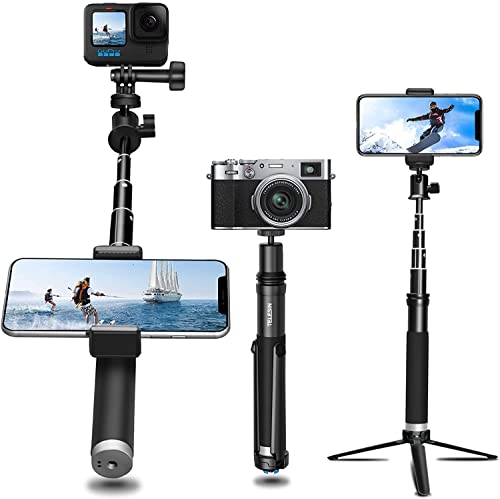 TELESIN 0.9m Selfie Sticks Stativ mit 360° Kugelkopf, 2 in 1 Einbeinstativ aus Aluminiumlegierung für Gopro Max Hero 11 10 9 8 7 6 5 DSLR-Kameras Telefon, mit Handyhalter+Adapter(Inklusive Stativ) von TELESIN°