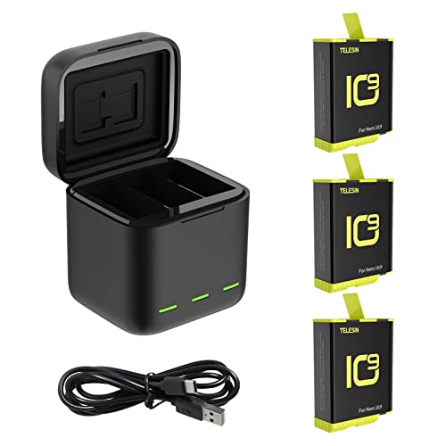 TELESIN 1750mAh 3 Pack Batterien Akkus mit 3 Slots Ladegerät Ladebox für GoPro Hero 10/Hero 9 Batterie Akkuladegerät Action Kamera (1 Ladegerät + 3 Akkus) von TELESIN