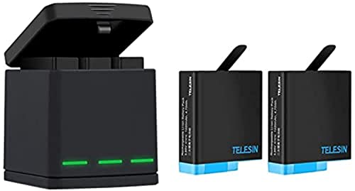 TELESIN Akku Ladegerät Kit für Go Pro Hero 8 Black Hero 7 Hero 6 Hero 5 Triple Charger & Batterie Aufbewahrungsbox Anzug 3-Kanal-Ladegerät mit 2 wiederaufladbaren Lithium-Ionen-Batterien für Go Pro von TELESIN