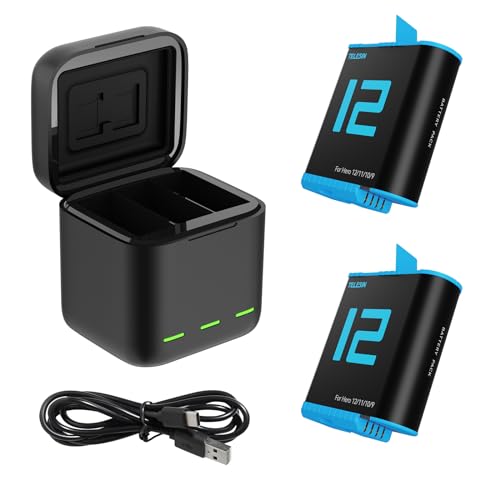 TELESIN Dreifach-Ladegerät und Akku-Speicherbox mit 3 Kanälen Ladegerät mit 2 wiederaufladbaren Lithium-Ionen-Akkus für GoPro Hero 12 Hero 11 Hero 10 Hero 9 Black (Ladegerät + 2 Akkus) von TELESIN