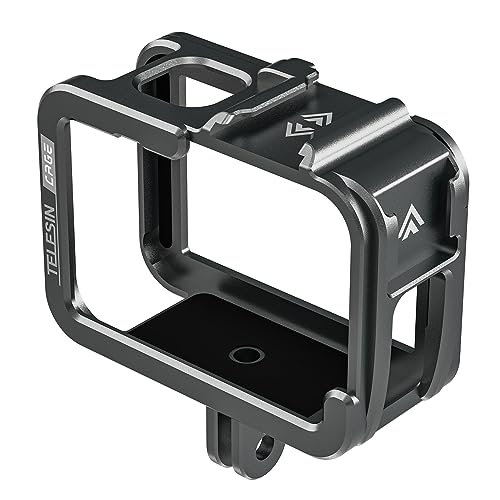 TELESIN Kamerakäfig für GoPro Hero 12 11 10 9, Aluminium käfig Cage Gehäuse für Go Pro, passend für Go Pro mit ND CPL-Objektivfilter Max-Objektiv an der Kamera mit Cold Shoe Connect zum Video mikrofon von TELESIN