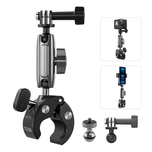TELESIN Motorradfahren Krabbenklaue Klemme Magic Arm 360° Einstellung Super Klemme 1/4" Schraube für Gopro/Insta 360/DJI Action/Canon Nikon DSLR Kamera (Aluminium-Version) von TELESIN