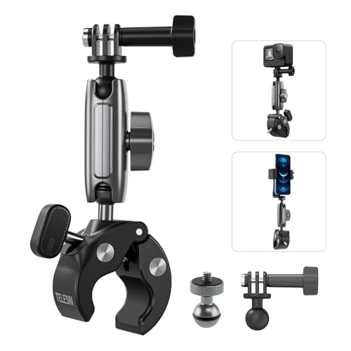 TELESIN Motorradlenker Fahrradhalterung Klemmen für GoPro Hero 11 10 9 insta360 X3/ONE X2 DJI Action 3,360 ° Doppelkugelkopfklemme mit 1/4-20 mm Adapter für Kamera und Telefon von TELESIN