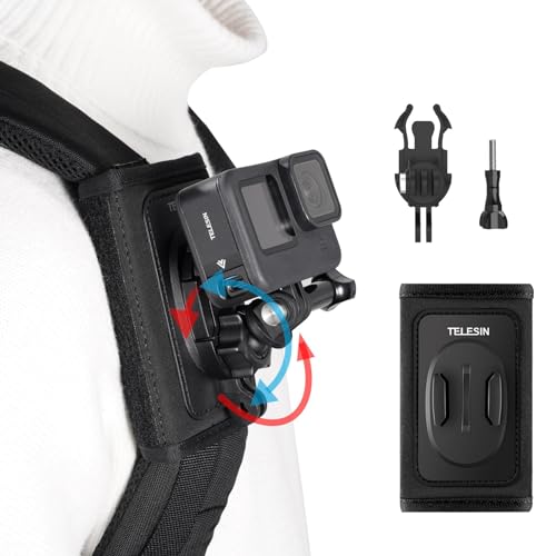 TELESIN Rucksack Schultergurt Halterung für GoPro Hero 11/10/9/8/7/6/5/4/Max/Mini, DJI OSMO Action, Insta360, mit 360 Grad Drehbarem Pad-J-Haken, Halter-Befestigungssystem, Action Kamera Zubehör von TELESIN