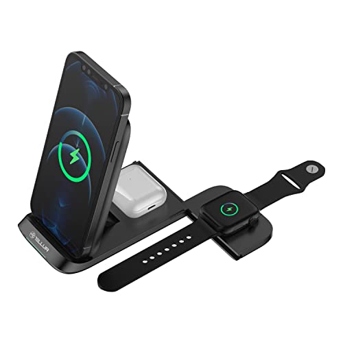 TELLUR Kabellos Ladegerät 3 in 1, 15W, Faltbar, Drahtloses Ladegerät für Earbuds, Apple Watch, Smartphones, Schnelles Qi-Zertifiziert, Perfekt für Zuhause, Büro, Reisen, USB-C-Kabel im Lieferumfang von TELLUR