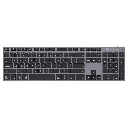 TELLUR Shade Kabellose Tastatur, Bluetooth Tastatur, 3 Geräte Gleichzeitig Verbunden, QWERTY USA-Layout Funktastatur, Schlankes Aluminiumgehäuse, Integrierter Akku, MAC, Win, IOS, Android, Grau von TELLUR