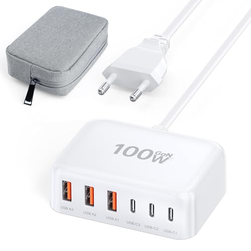 100W USB C Ladegerät, Schnellladegerät 6 Ports mit Elektronik Tasche, PD 3.0 Power Adapter USB Netzteil mit USB-C und USB-A, Mehrfach USB C Ladestecker für iPhone 15 14 13 12 11, Samsung, Tablet,Handy von TEMINICE