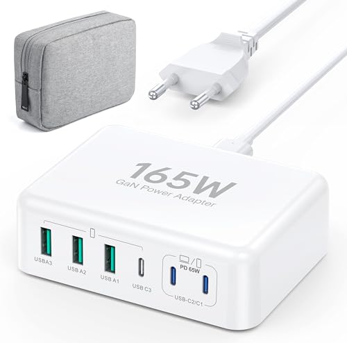 165W USB C Ladegerät, Schnellladegerät 6 Ports (USB-C+USB-A), PD 3.0 Mehrfach Ladegerät USB Netzteil mit Elektronik Tasche, USB C Ladestecker für iPhone 15 14 13 12 11 SE XS XR 8, Samsung, Handy von TEMINICE