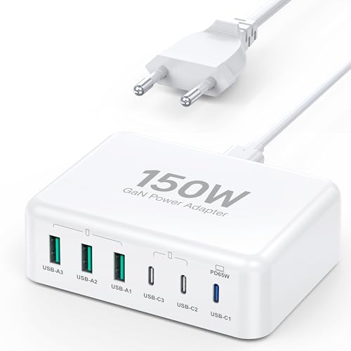 USB C Ladegerät, 150W USB C Netzteil 6-Port GaN PD 3.0 Schnellladegerät mit 3 USB-C und USB-A Mehrfach Ladegerät Stecker Adapter für MacBook Pro Air, iPad Pro Air, iPhone 16 15 14 13 12, Galaxy S23 von TEMINICE