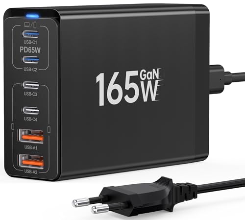 USB C Ladegerät, 165W GaN 6 Port USB C Netzteil, Schnellladegerät PD 3.0 Power Adapter, USB Mehrfach Ladegerät für MacBook Pro/Air, iPad, iPhone 15 14 13 12 Pro Max, Samsung Galaxy Note… von TEMINICE