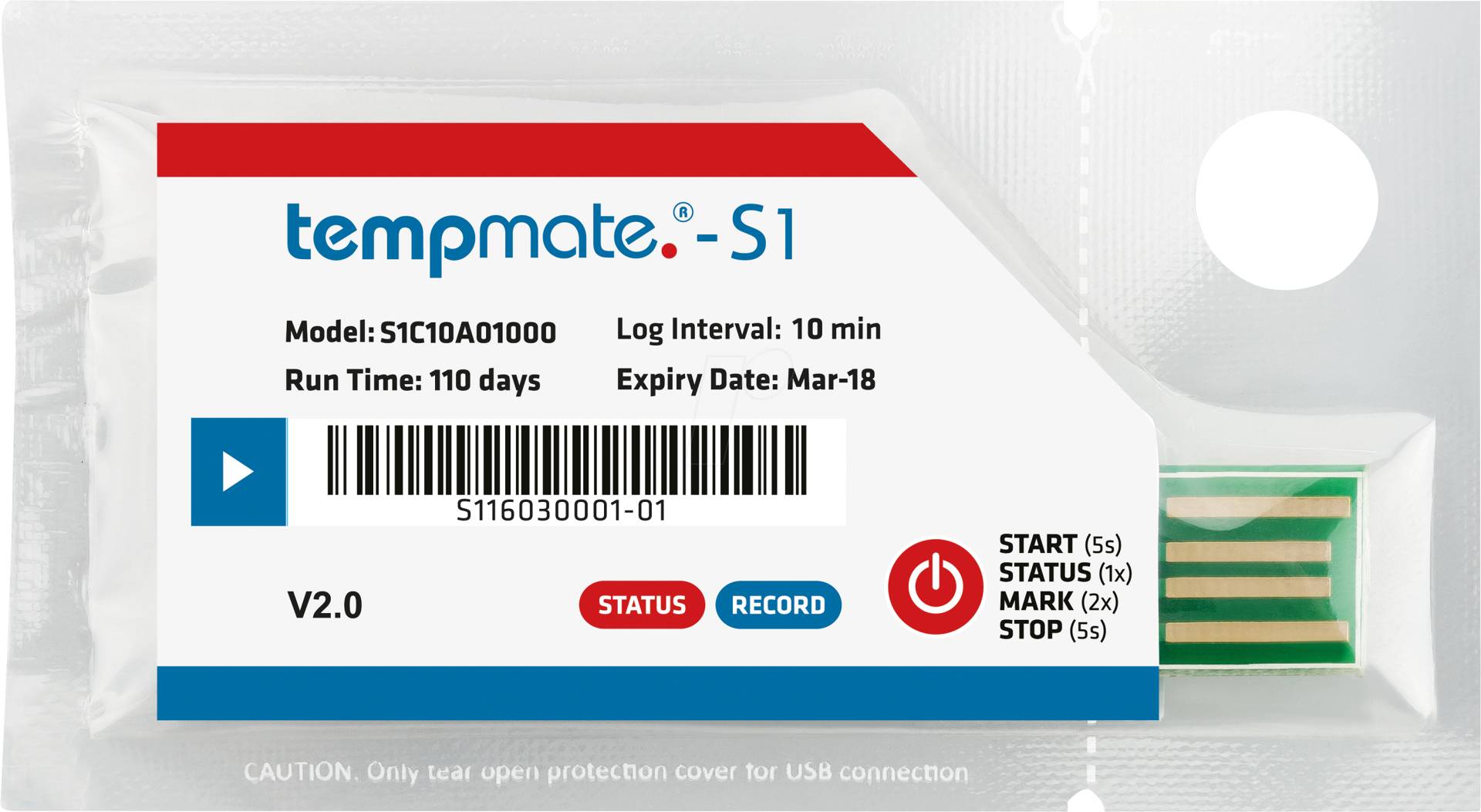 TEMPMATE S1V2 - Einweg-Datenlogger, Temperatur, USB, IP 67 von TEMPMATE