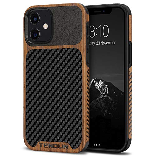 TENDLIN Kompatibel mit iPhone 12 Hülle/iPhone 12 Pro Hülle Holz und Carbon Textur Design Leder Hybrid Handyhülle (Schwarz) von TENDLIN