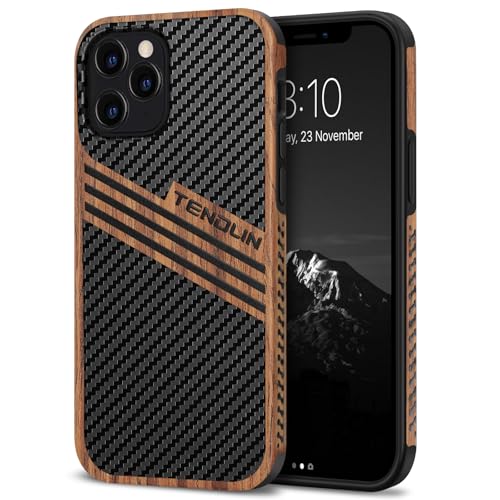 TENDLIN Kompatibel mit iPhone 12 Pro Hülle/iPhone 12 Hülle Holz und Carbon Textur Design Leder Hybrid Handyhülle (DREI Streifen) von TENDLIN